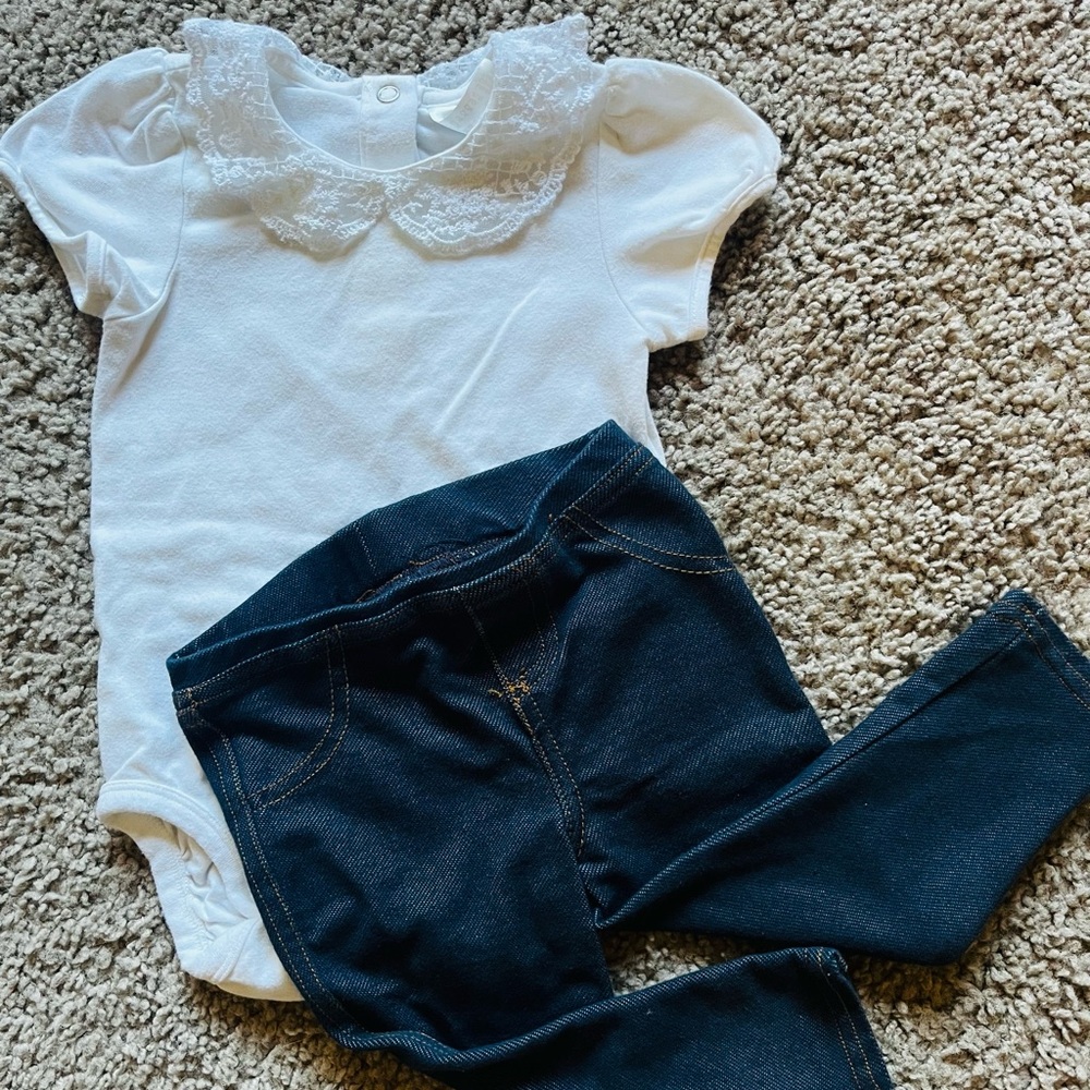 White Lace Collar Onesie and Jeggings Set